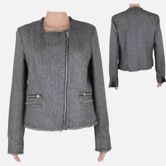 Mango Jackets & Blazers - MNG Mango Gray Metallic Tweed Moto Asymmetrical Zip Fringe Blazer Jacket Size S